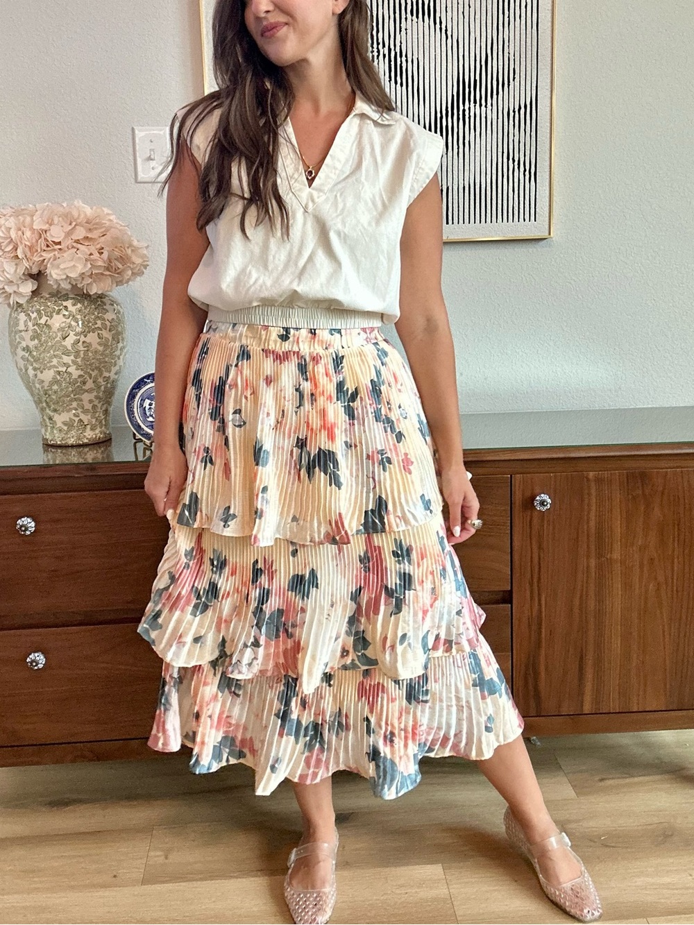 Ryegrass Tiered Pleated Floral Midi Skirt, Size L